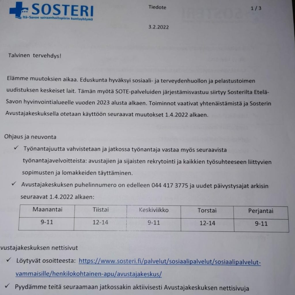 Henkilökohtaisen avustajan työnantajalle tiedote.