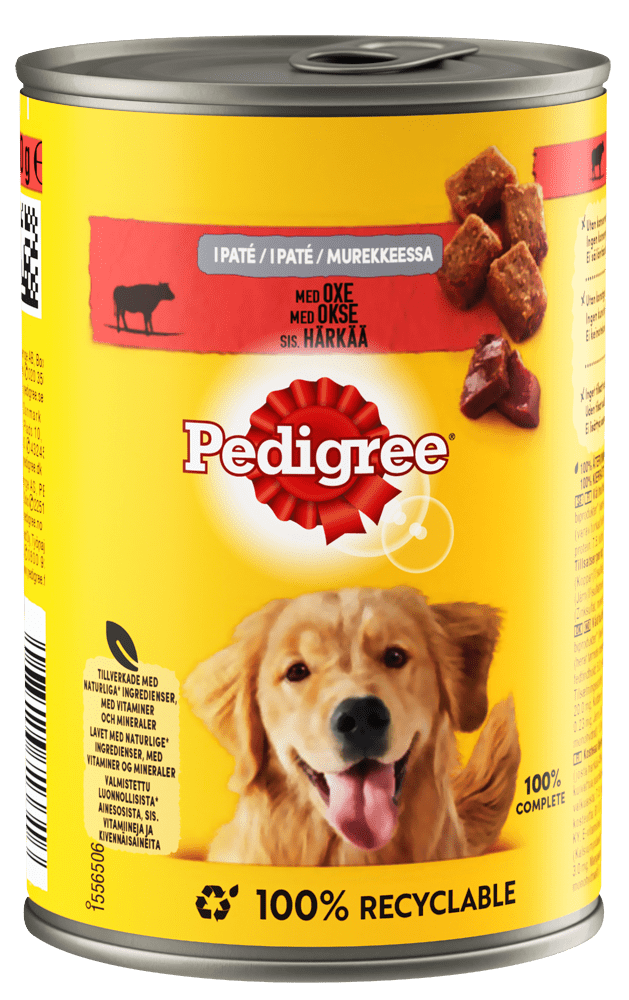 Pedigree koiranruokaa purkissa.