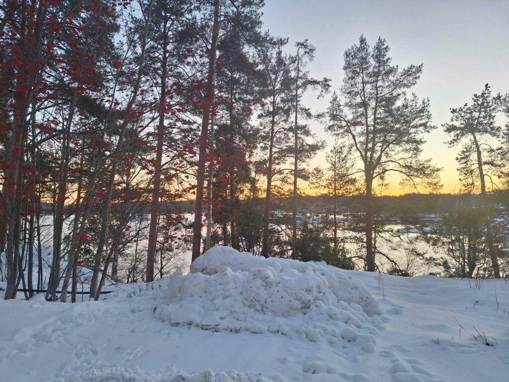 Auringonlasku värjää taivaanrantaa kullanväriseksi. Maa on valkoinen.